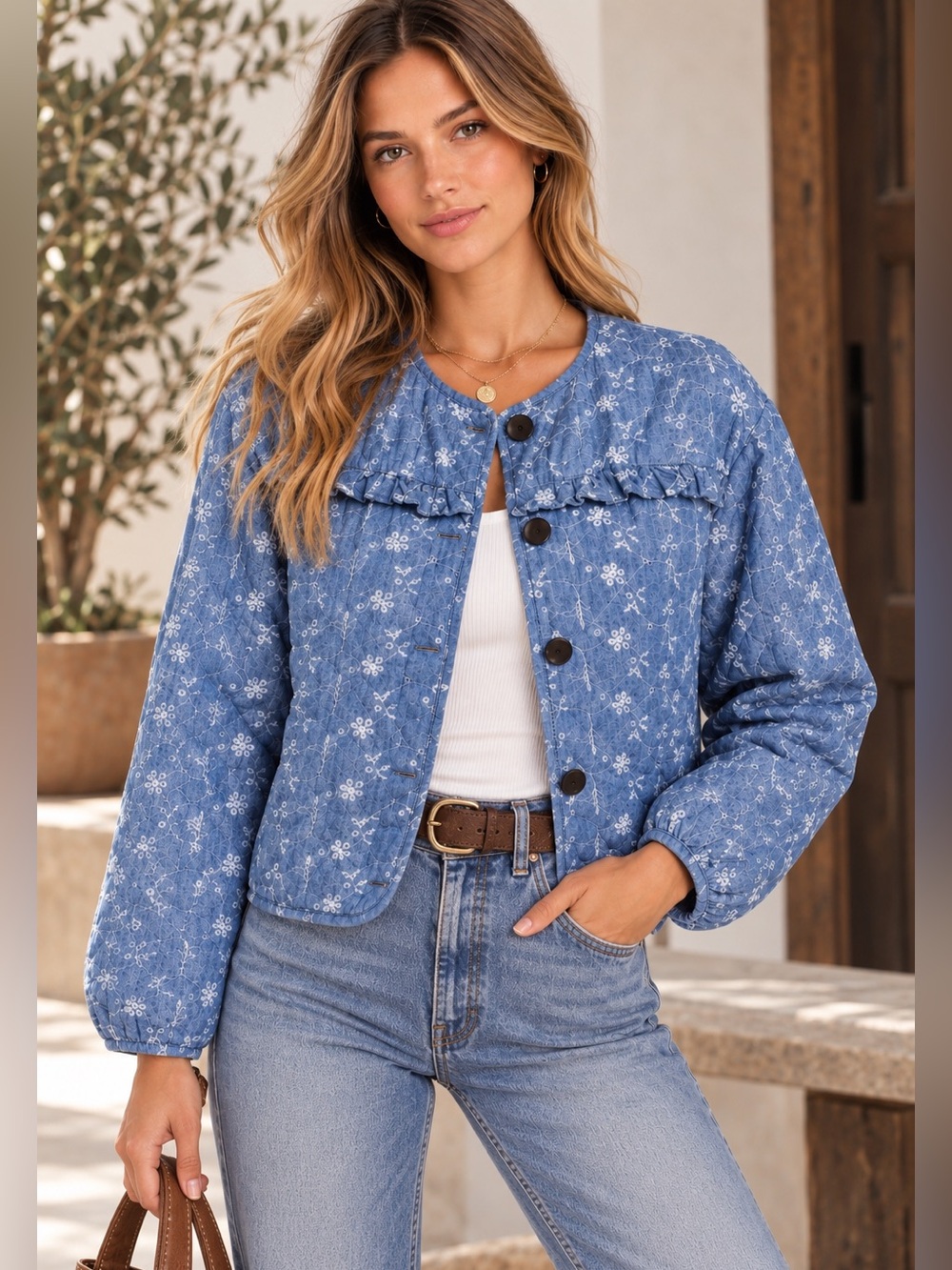 Scoop NY| Denim Blue Floral Quilted Button-Front Jacket